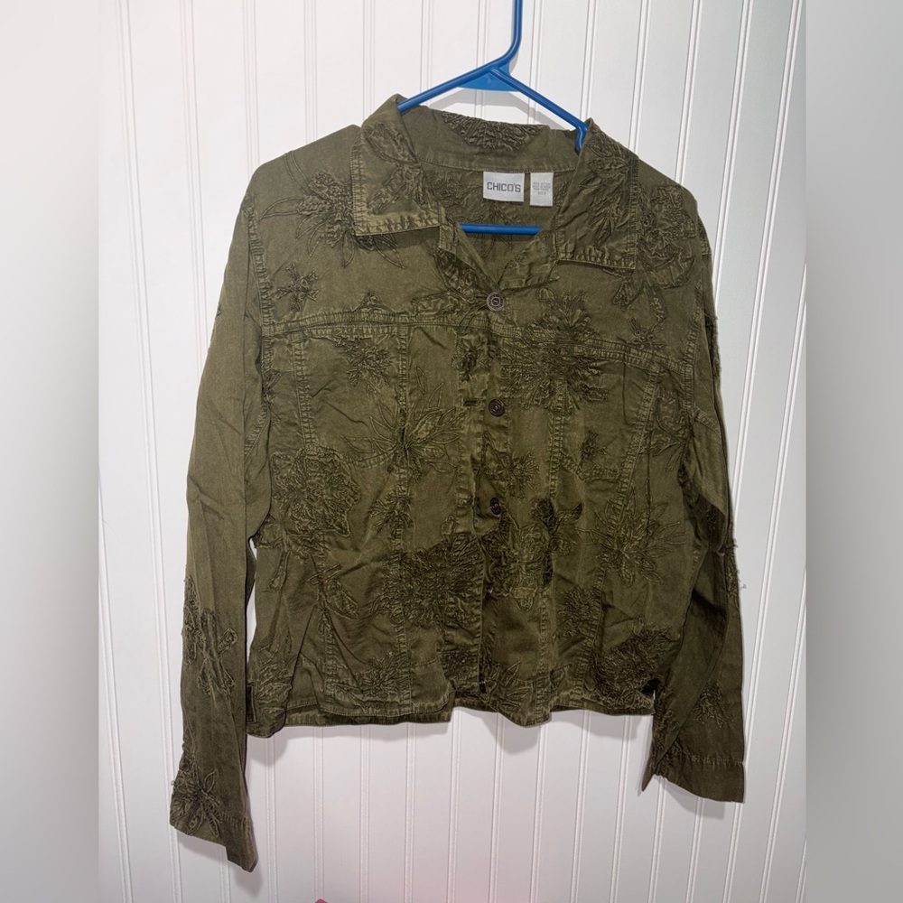 Chico’s Olive Green Embroidered Jacket| Size 2 (Large)